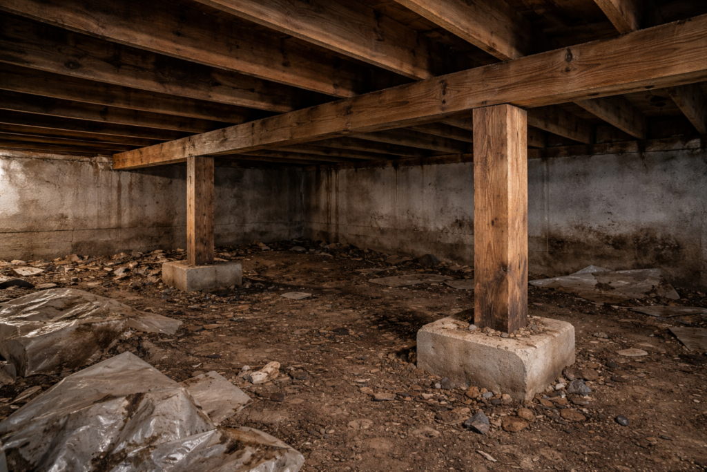 Crawl space foundation showing damage before repair in Star Idaho home